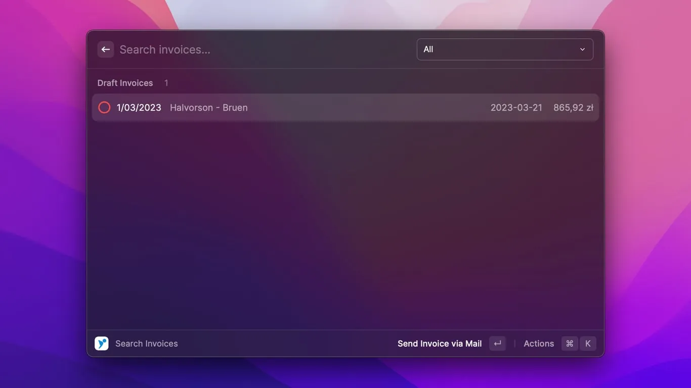 Zrzut ekranu rozszerzenia raycast-infakt w aplikacji Raycast. Dostępna jest lista faktur z ikoną statusu, numerem faktury, nazwą firmy klienta, datą wystawienia faktury oraz kwotą brutto faktury.