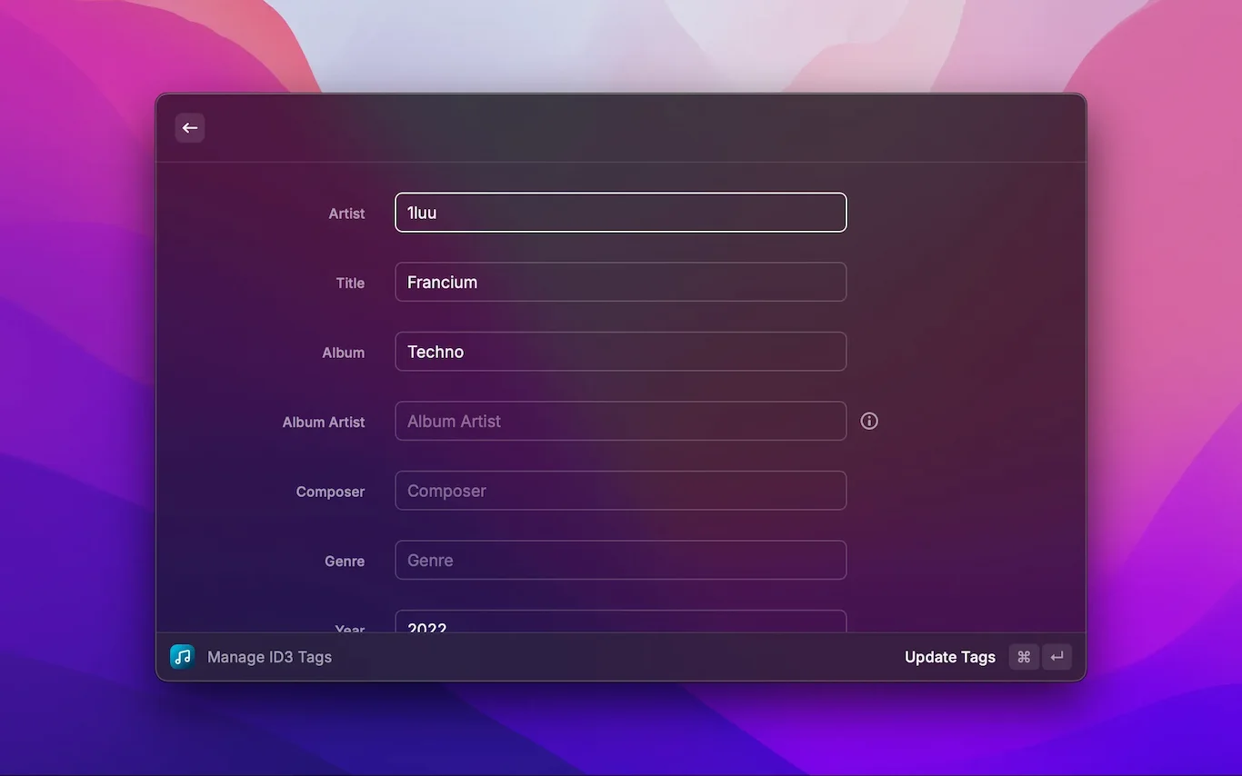 Screenshot of the raycast-meta-music extension in the Raycast app. The screenshot shows a form with fields for editing ID3 tags of audio files.
