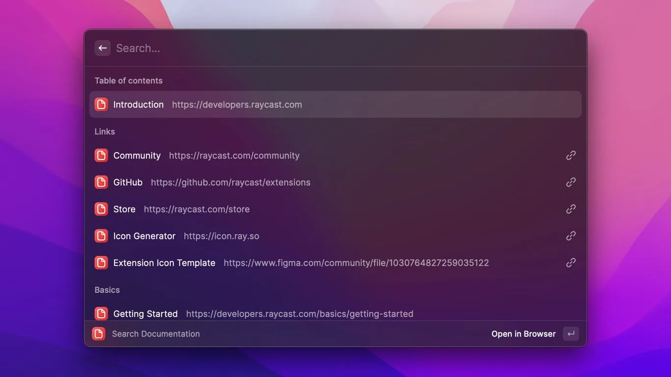 Screenshot of the raycast-raydocs extension in the Raycast application. A list of links is available in the official Raycast documentation.