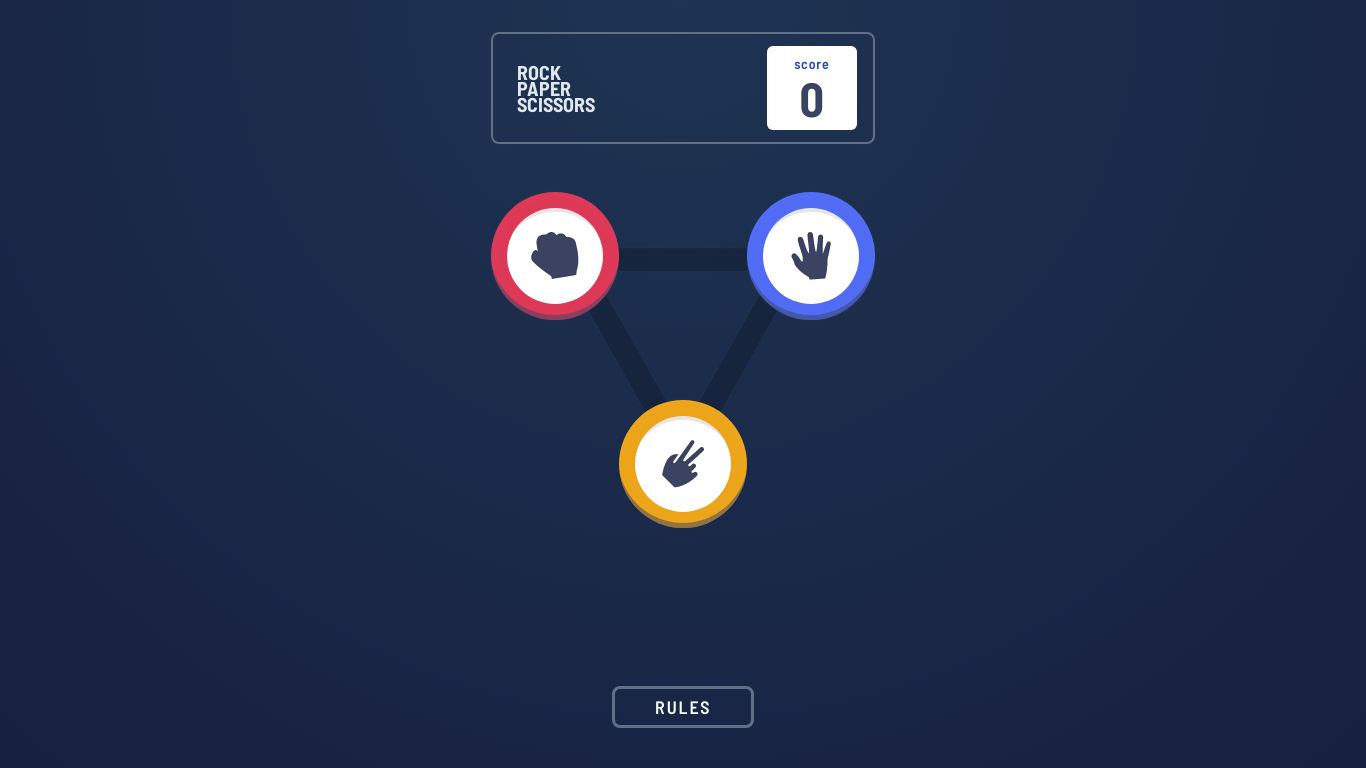Zrzut ekranu aplikacji Rock Paper Scissors. Sekcja tytułowa zawiera tekst "Rock Paper Scissors" i rzeczywistą partyturę. Istnieją również trzy przyciski z ikonami kamienia, papieru i nożyczek oraz przycisk pokazujący zasady gry.